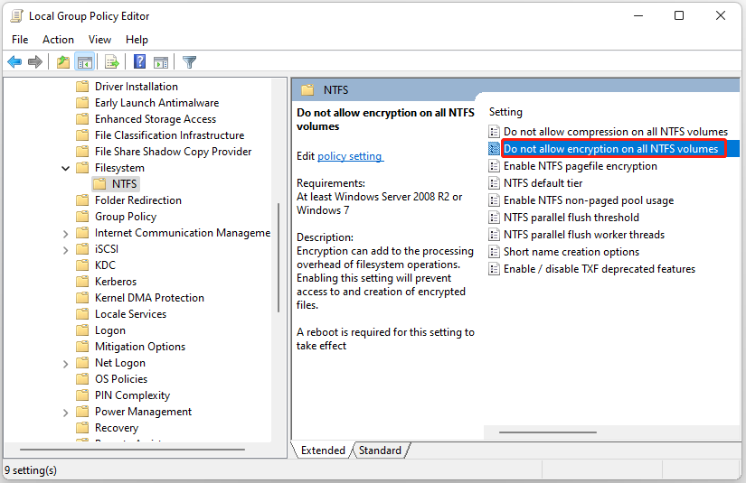 double-click the Do not allow encryption on all NTFS volumes option