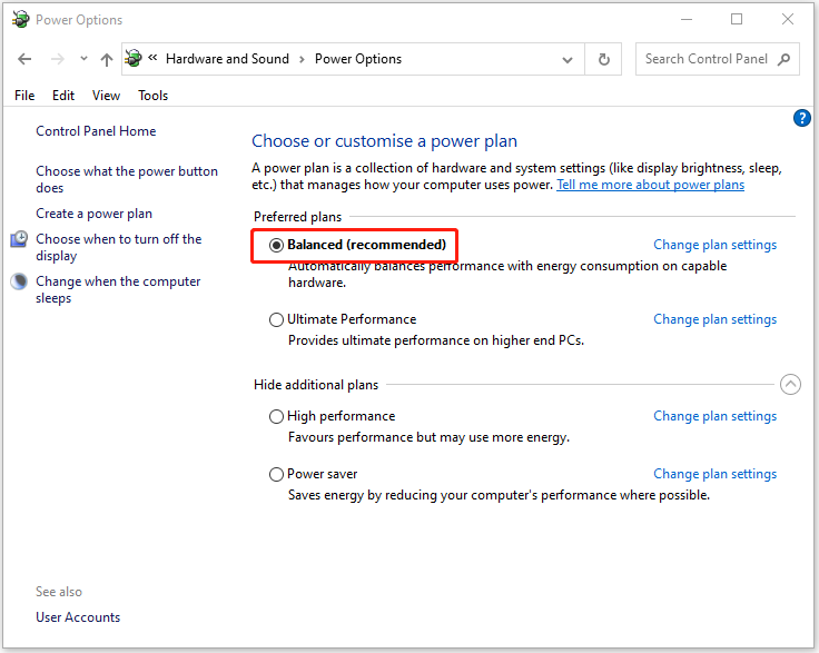 click the Balanced or Power save option