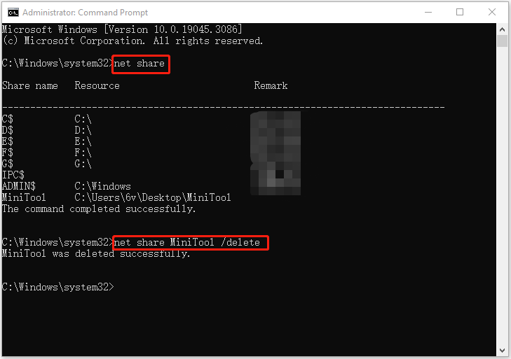 stop sharing a folder via Command Prompt