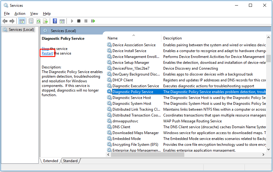 restart the Diagnostic Policy Service