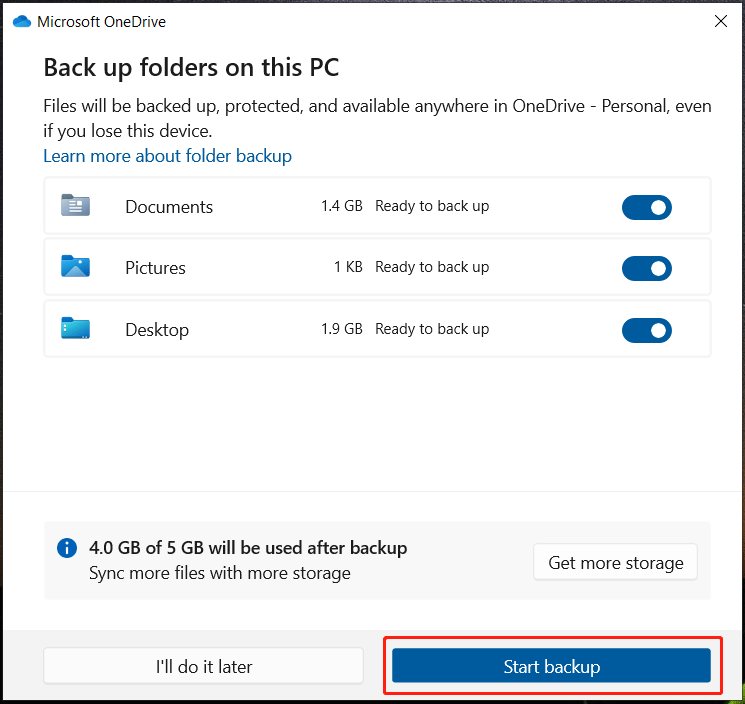 start backup OneDrive