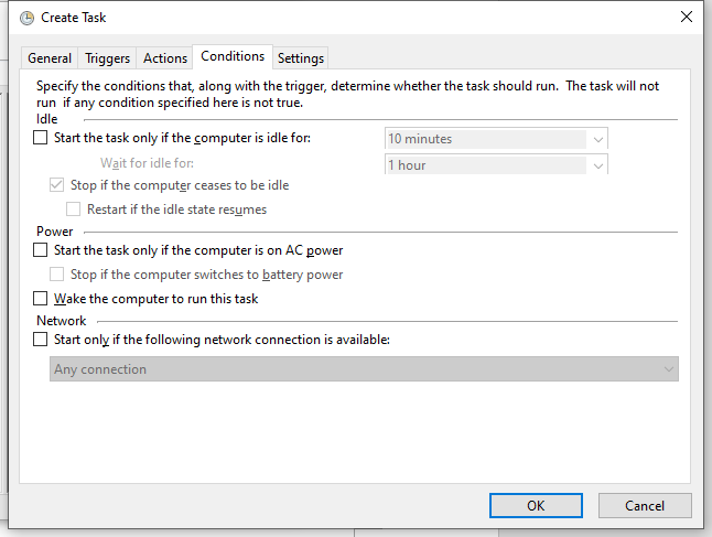 uncheck Start the task only if the computer is on AC power