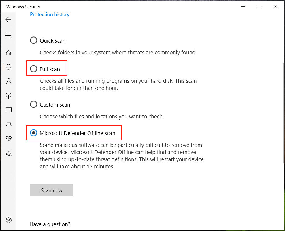 Windows Security scan options