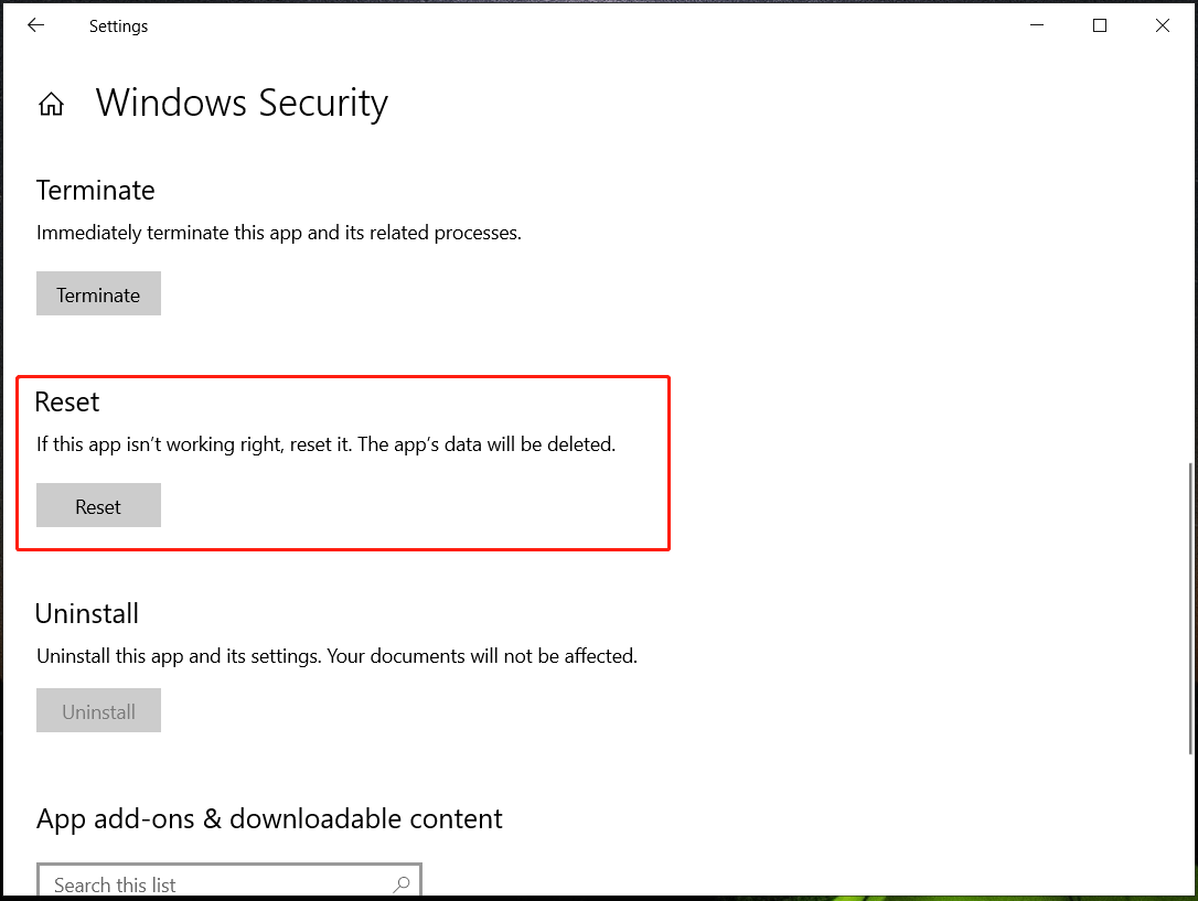 reset Windows Security Windows 10