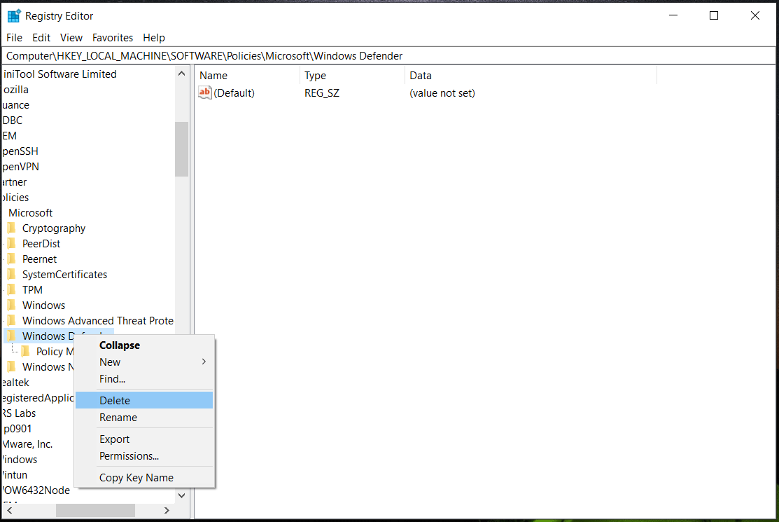 delete Windows Defender registry key