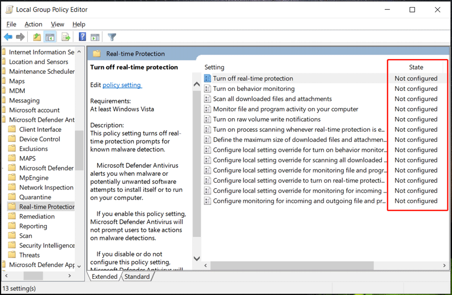 set real-time protection to not configured 