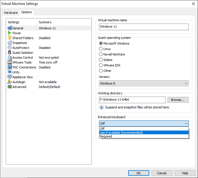 enable VMware enhanced keyboard driver