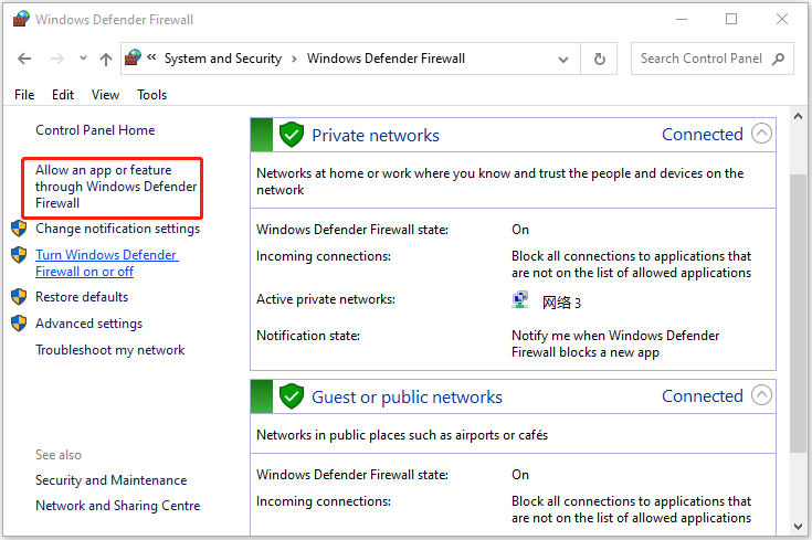 click Allow an app or feature through Windows Defender Firewall