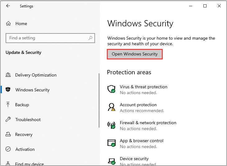 click Open Windows Security