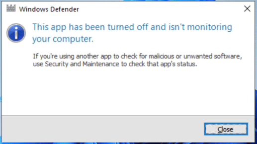 Windows Defender this app has been turned off