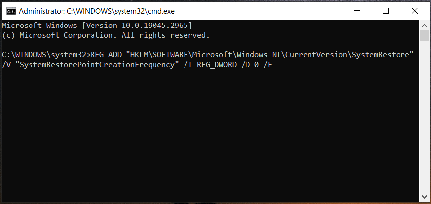 change restore point creation frequency Command Prompt