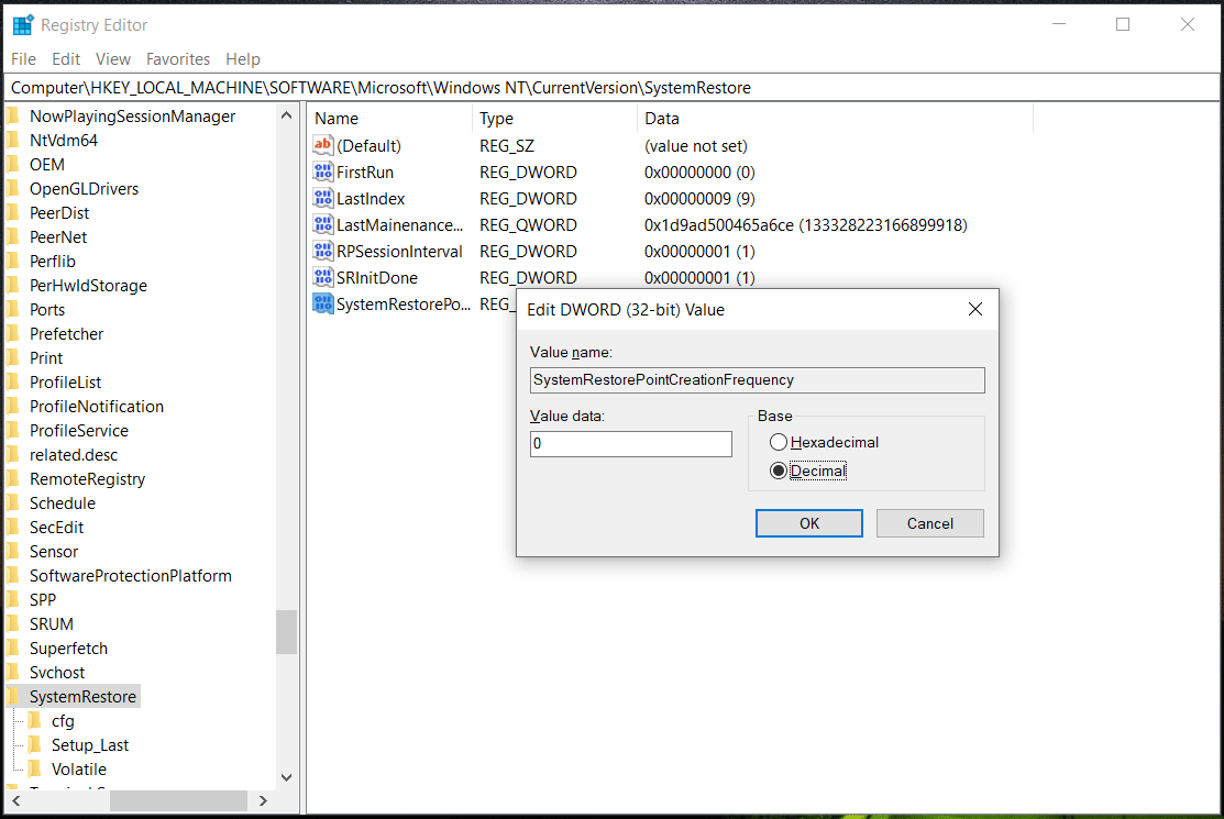 set SystemRestorePointCreationFrequency to 0