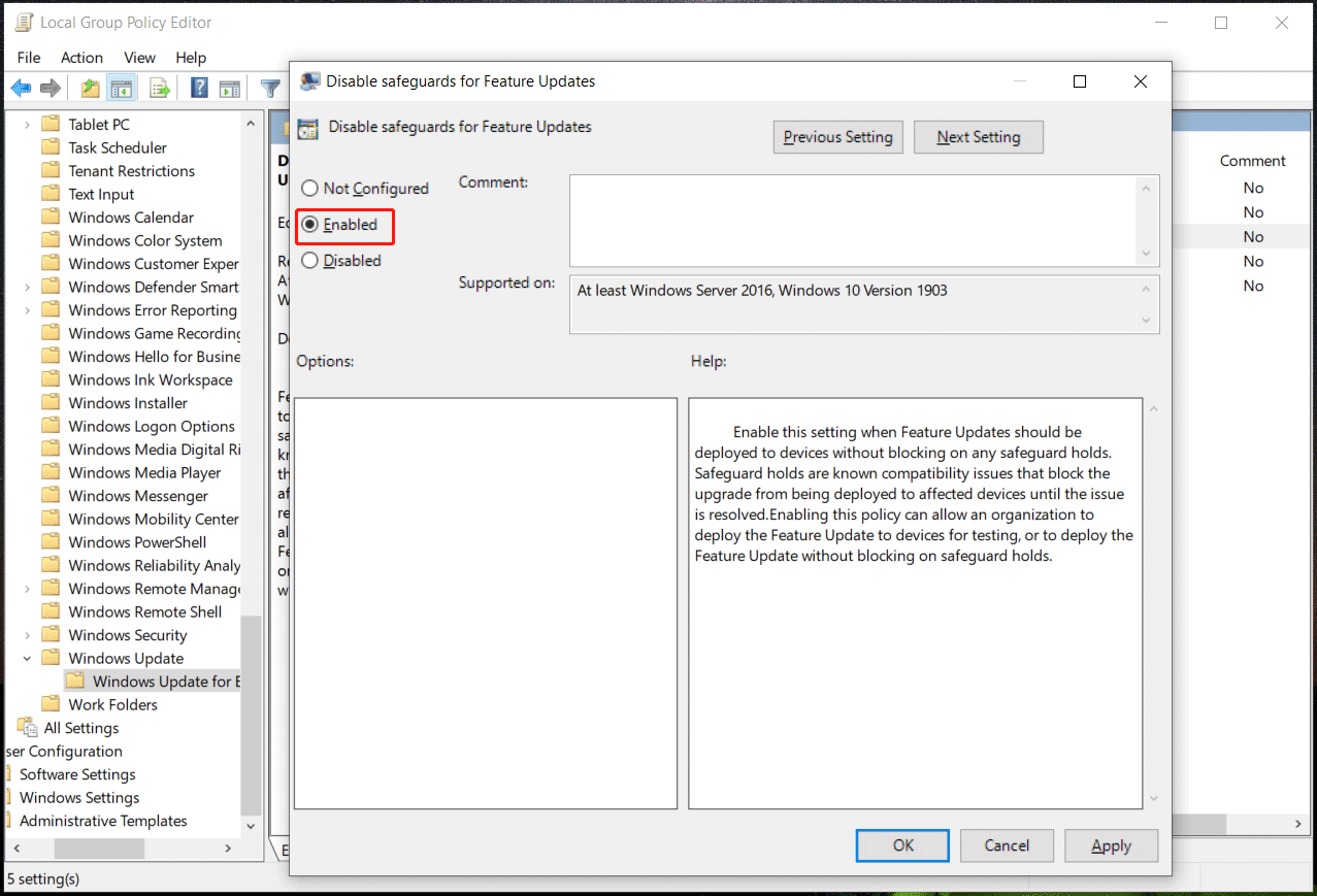 disable safeguards for feature updates