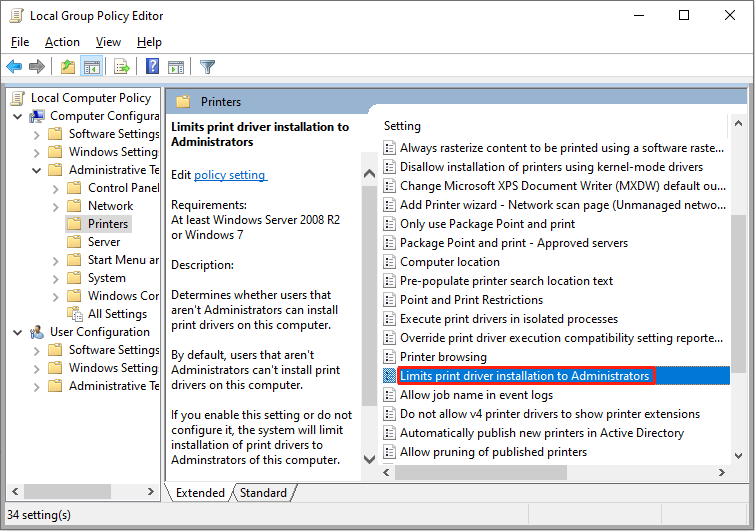 find Limits print driver installation to Administrators