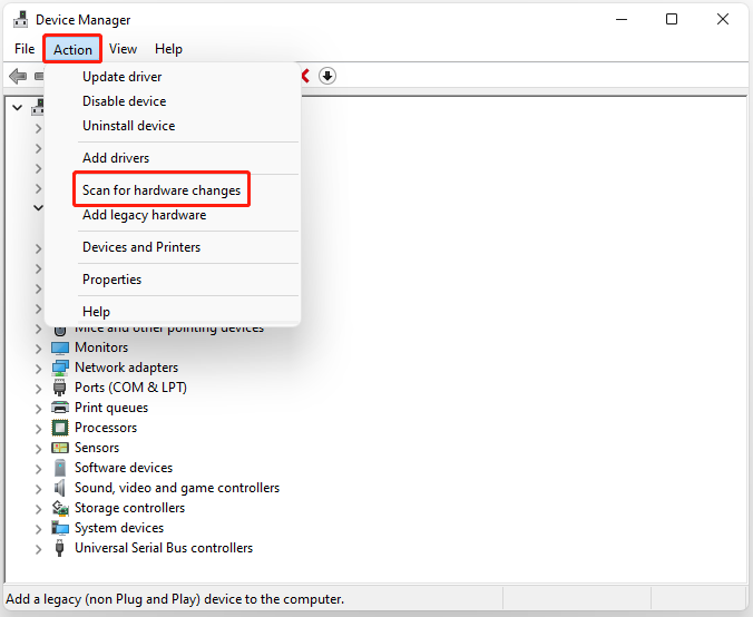 click Scan for hardware changes