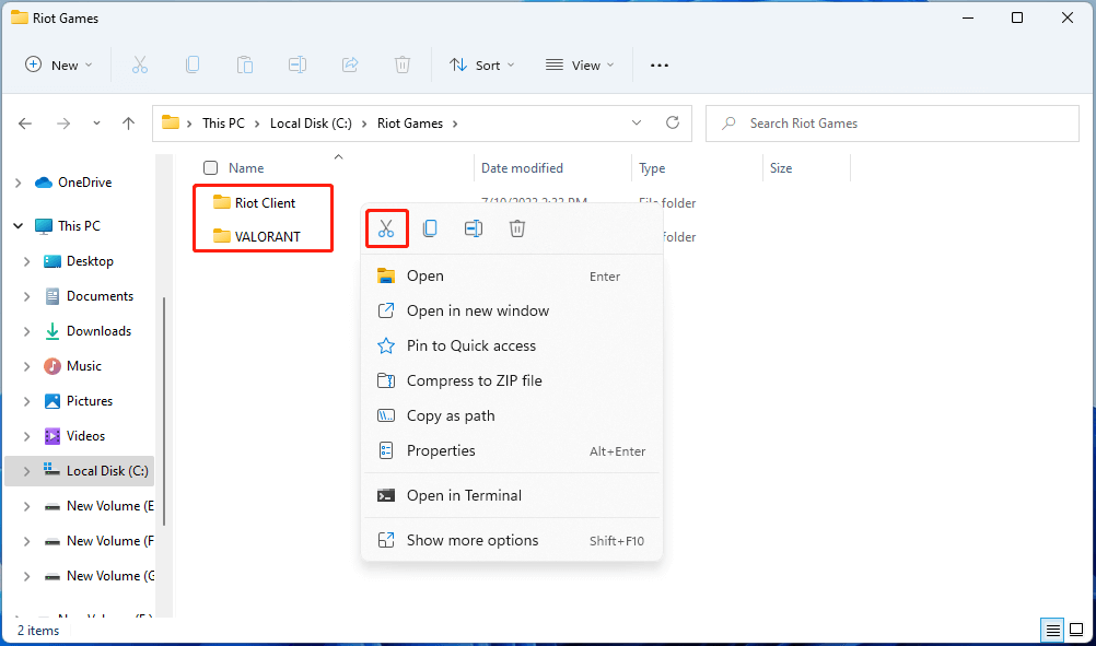 cut the VALORANT and Riot Client folders