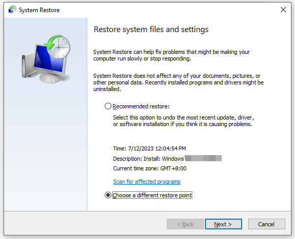 choose a different restore point