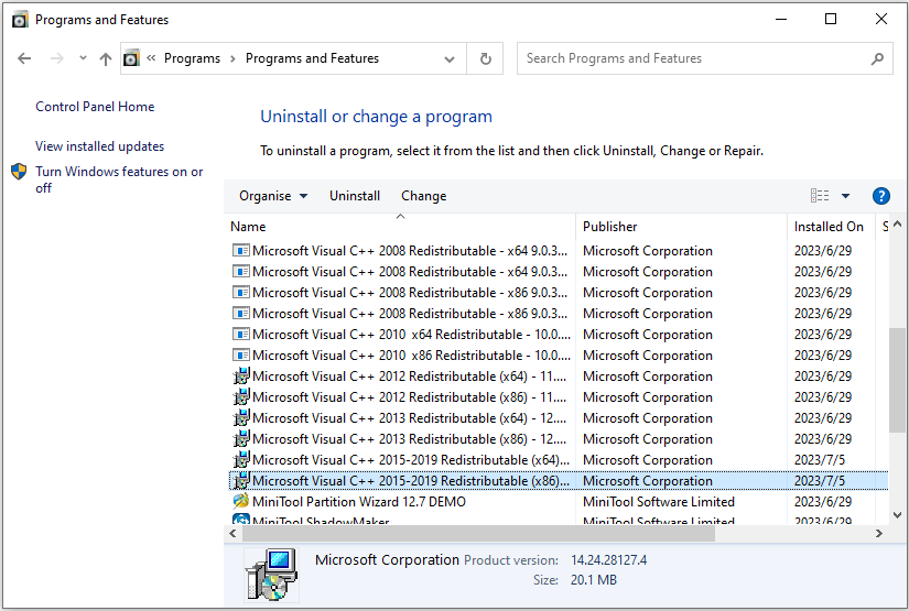 uninstall Microsoft Visual C++ Redistributable packages