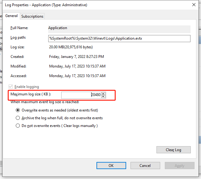 change the maximum log size