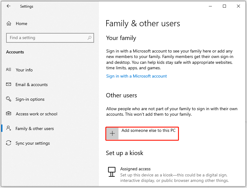 click Add someone else to this PC