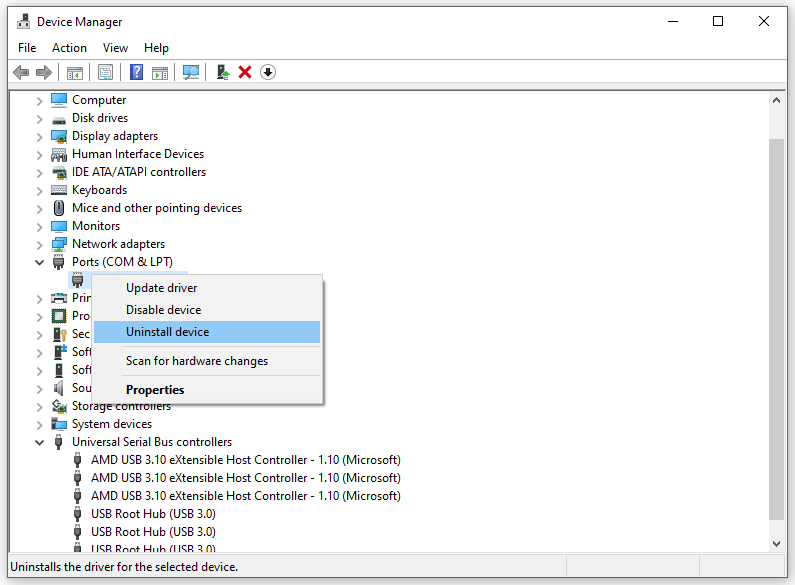 hit Uninstall device