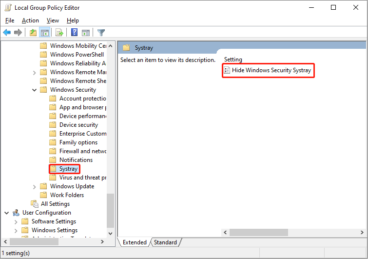 find Hide Windows Security Systray policy