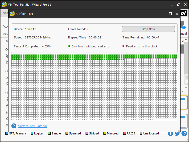 teste de superfície no Assistente de partição MiniTool