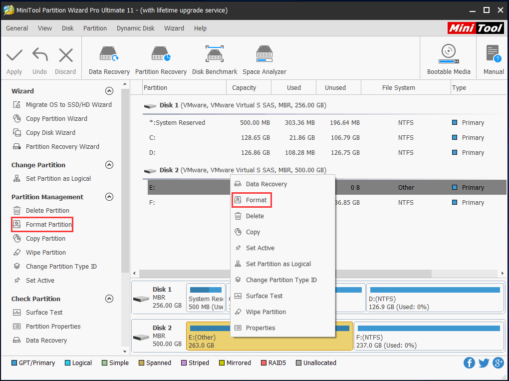 formato RAW para NTFS com o MiniTool Partition Wizard