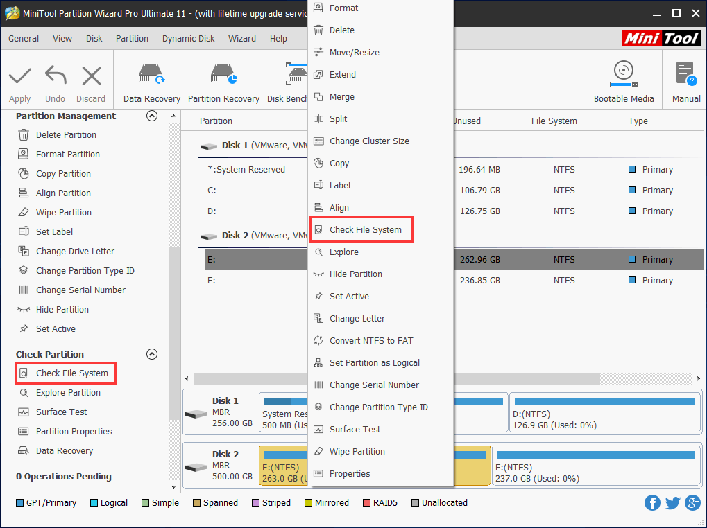 verifique o sistema de arquivos usando o MiniTool Partition Wizard