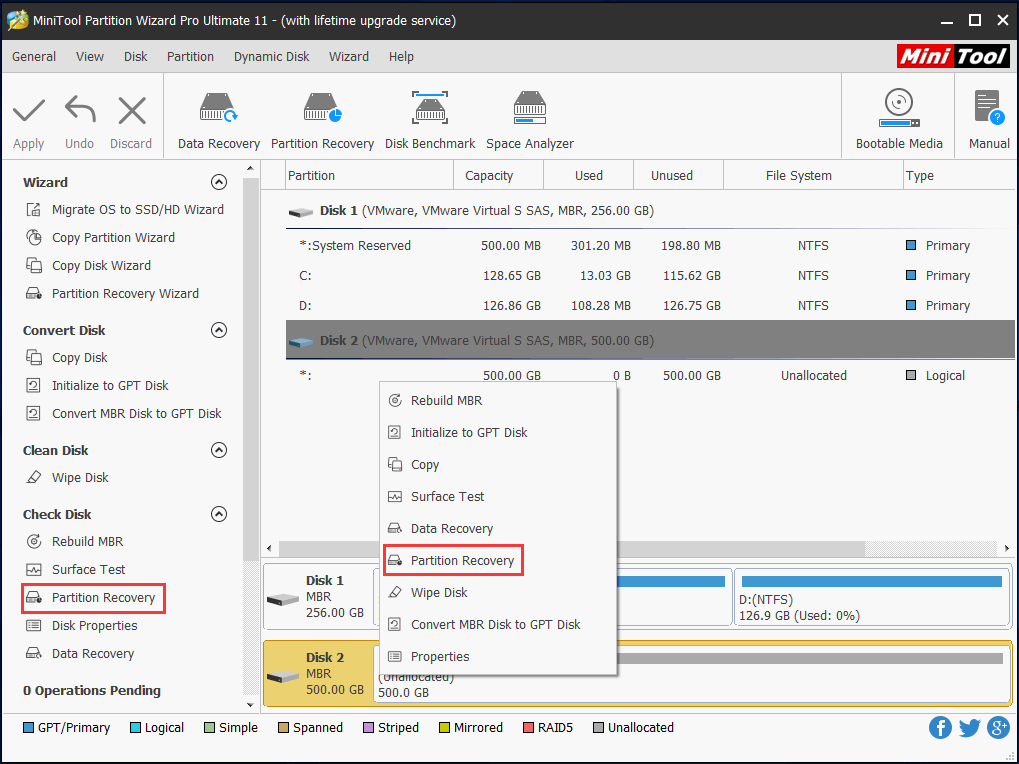 use o recurso de recuperação de partição para converter RAW para NTFS