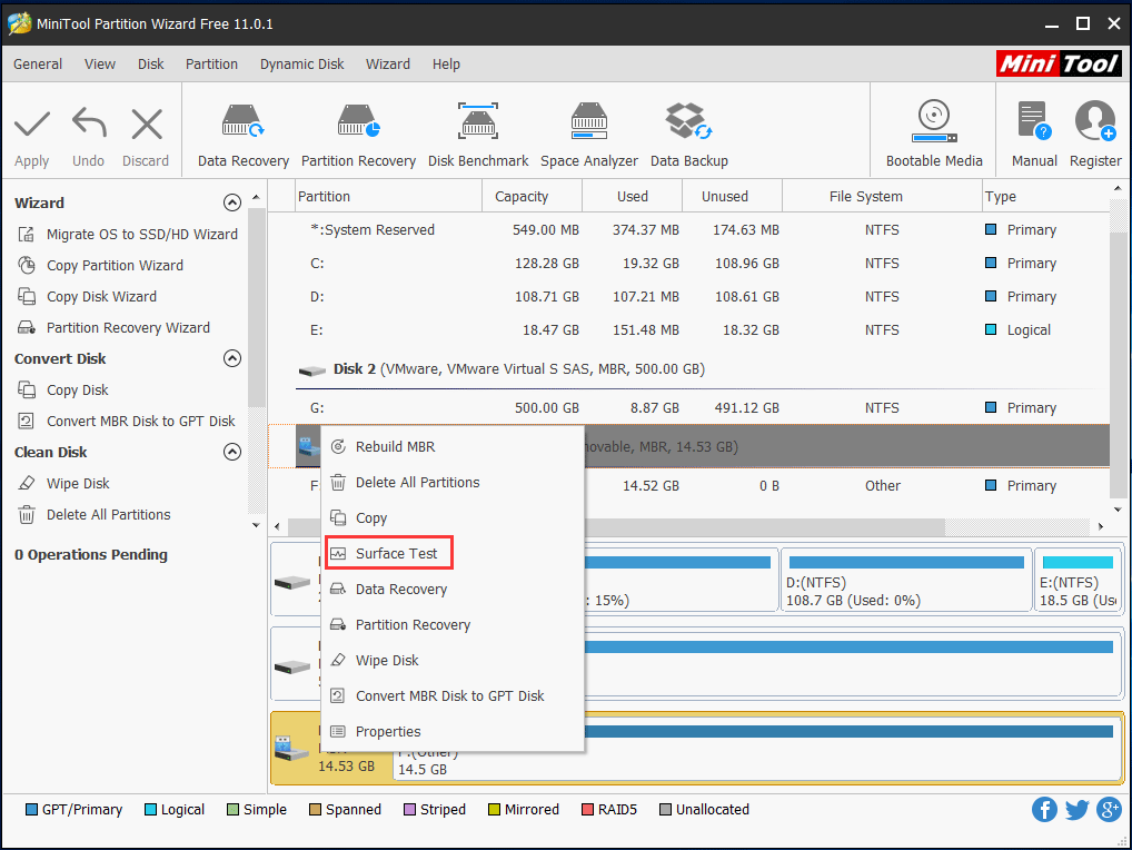 MiniTool Partition Wizard Surface Test