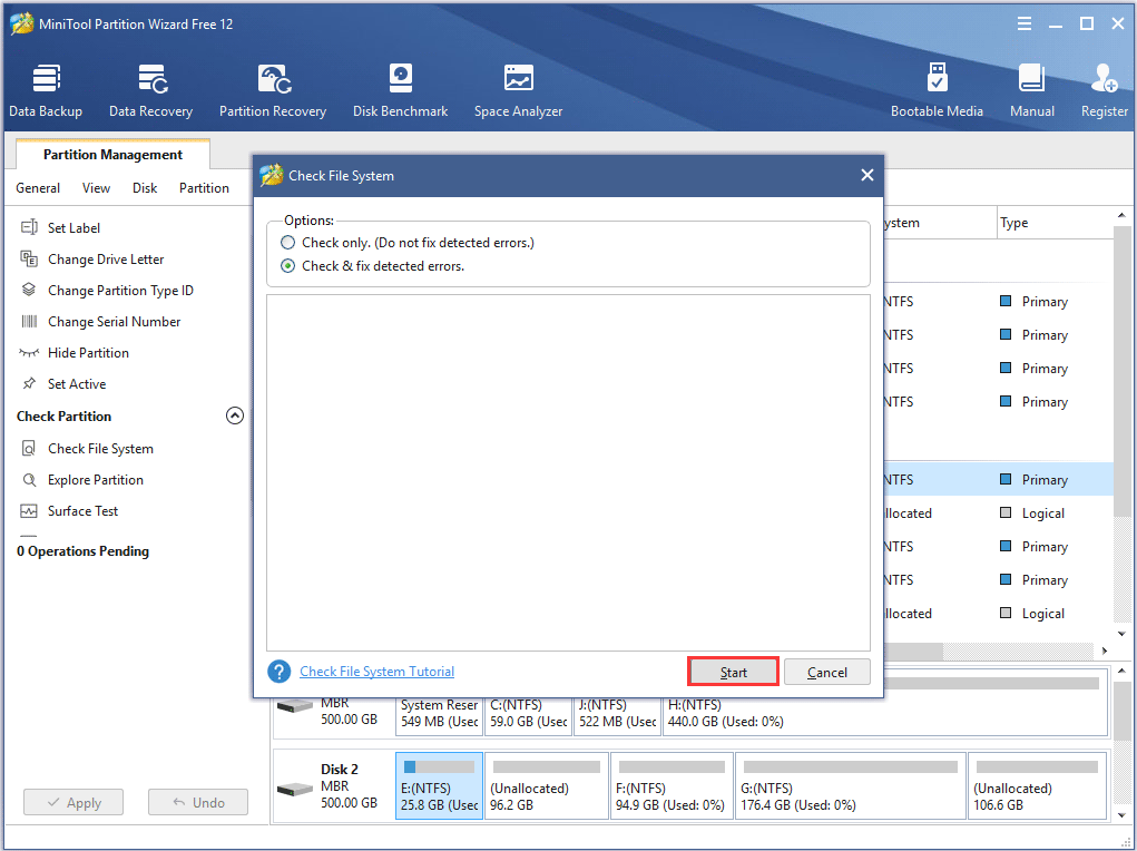 clique em Iniciar para verificar e corrigir erros do disco rígido