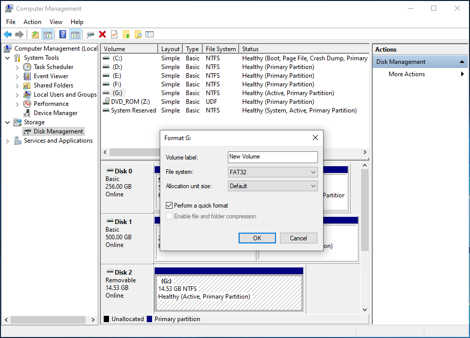 formatar a unidade USB no Gerenciamento de disco