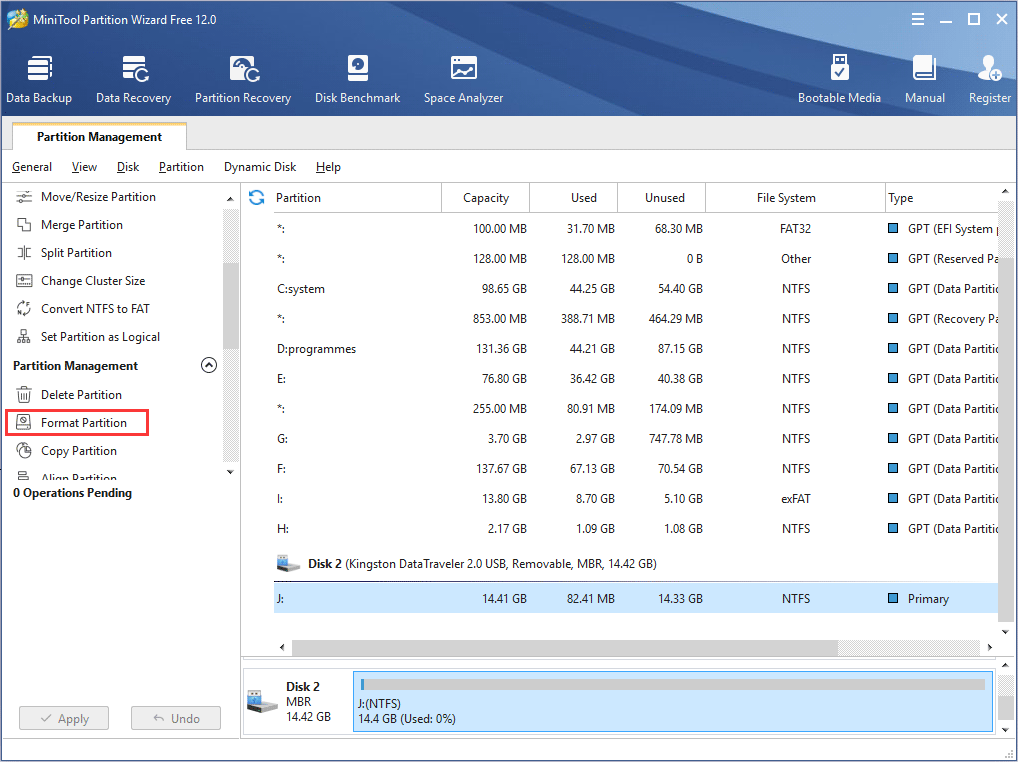  formatar USB no MiniTool Partition Wizard