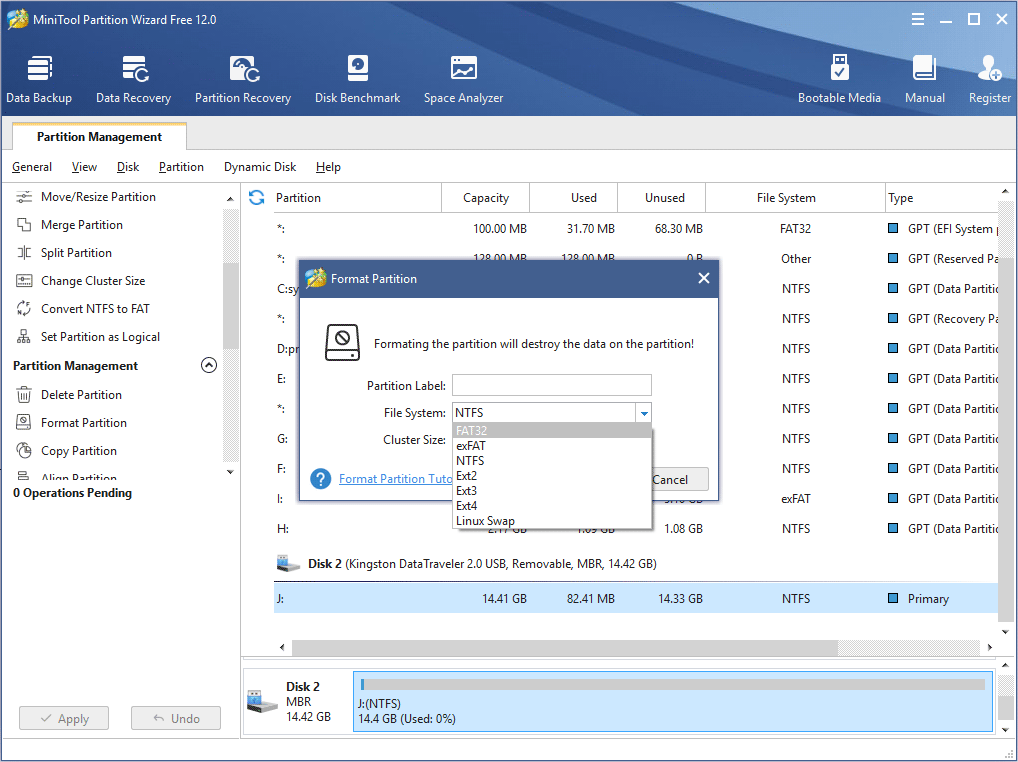  definir tabela de partição, sistema de arquivos, tamanho do cluster para a unidade flash USB 