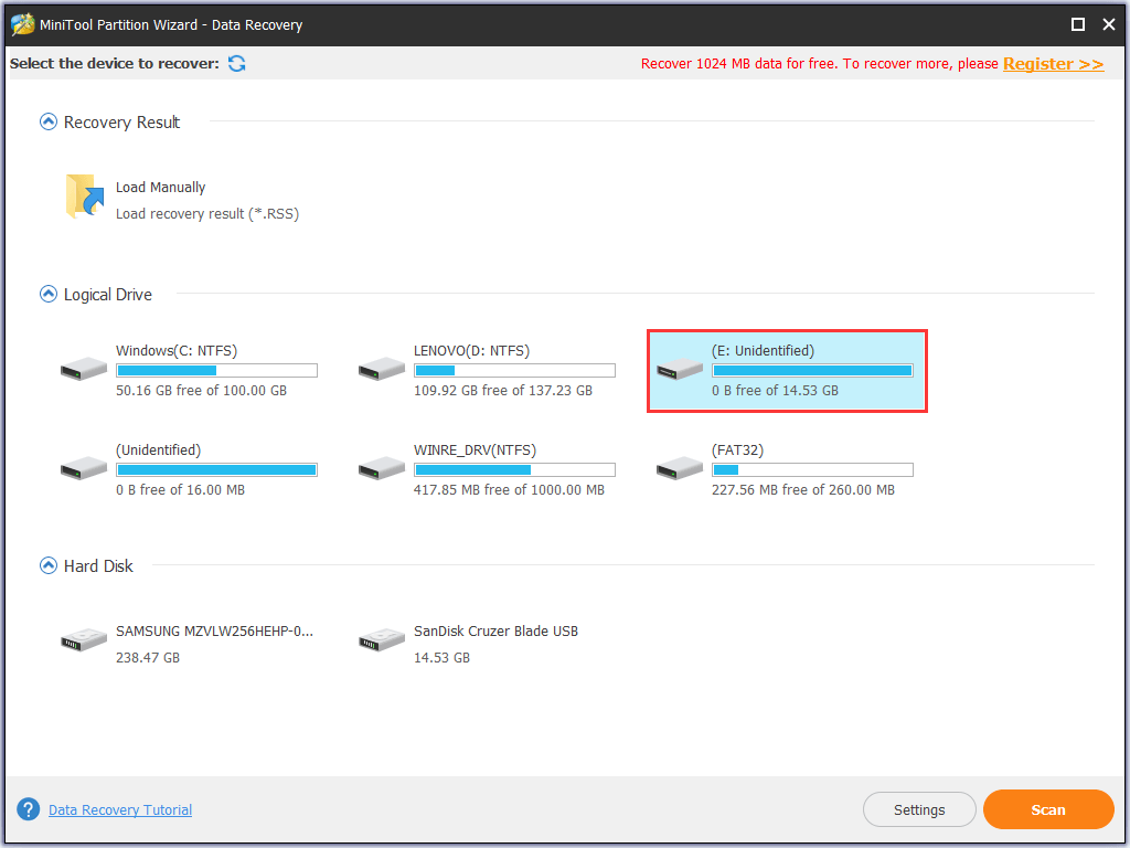  escolha a unidade USB para fazer uma varredura 