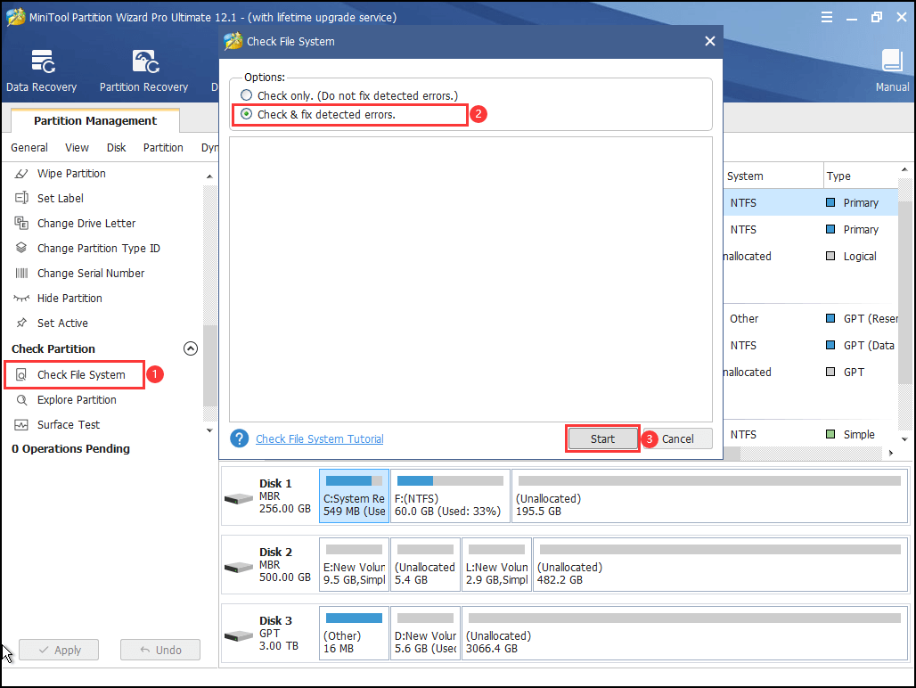 Verifique o sistema de arquivos da partição no disco do sistema