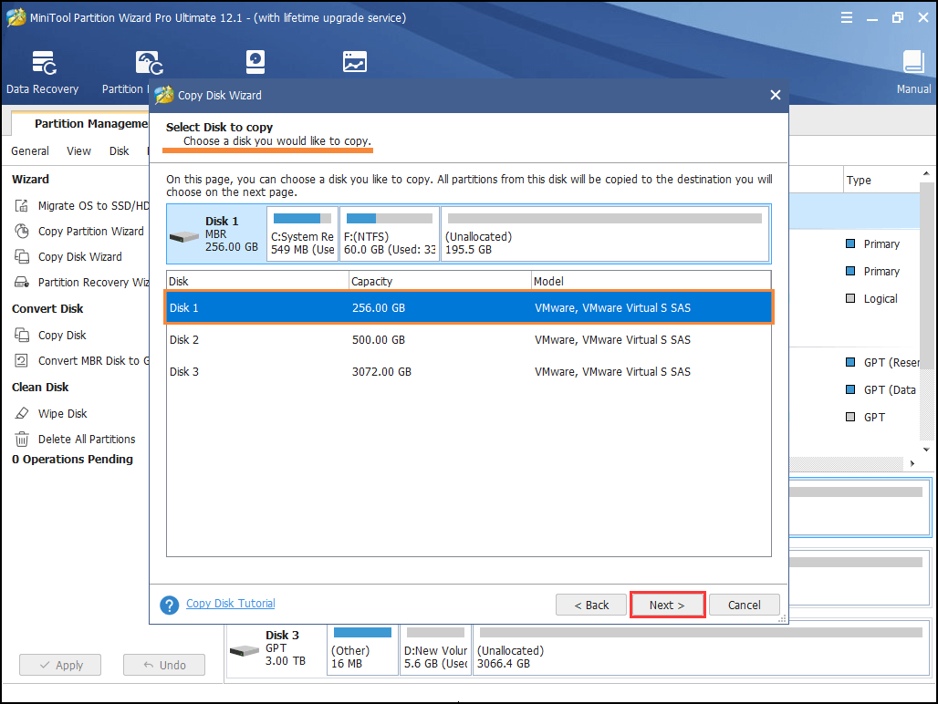 selecione o disco do sistema como o disco de origem para copiar