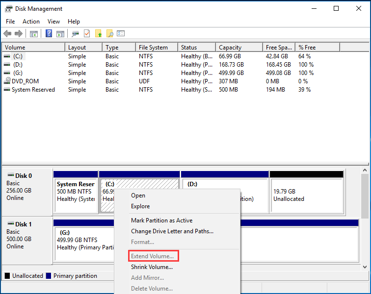 Volume de extensão do Windows 10 esmaecido