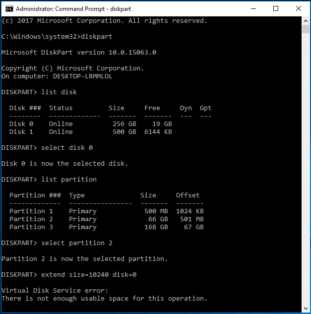 estender a partição do sistema do Windows 10 via diskpart