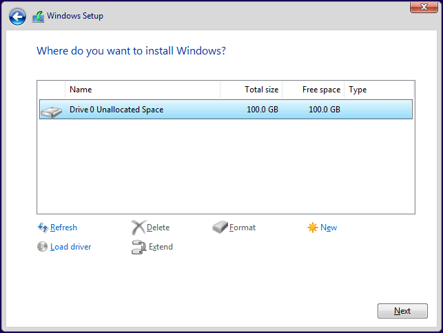 selecione a nova unidade para instalar o Windows 10