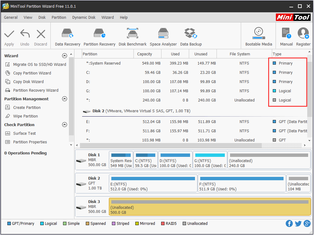 unidades primárias e lógicas no MiniTool Partition Wizard