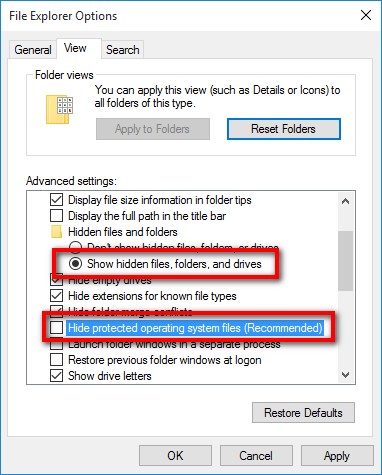 uncheck the hide protected operating system files