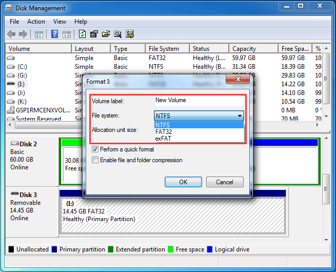 escolha o sistema de arquivos NTFS