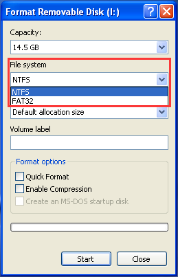 NTFS agora aparece na opção de formato