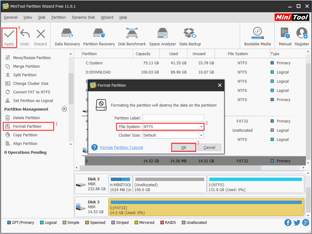 formatar unidade USB com MiniTool Partition Wizard