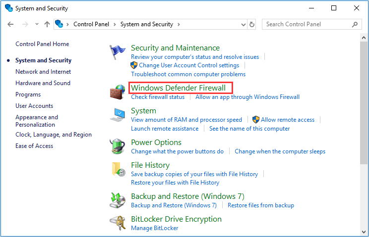 escolha o Firewall do Windows Defender