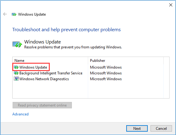 selecione Windows Update e clique em Avançar