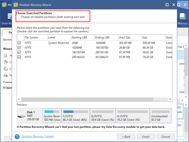 verifique todas as partições para restaurar