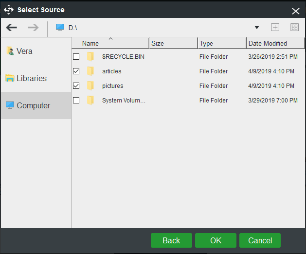 escolha os arquivos necessários para fazer backup